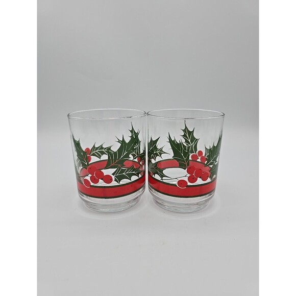 Vintage Set of (2) LIBBY Holly & Berries Ribbon 4" Old Fashioned Rocks Glasses - Picture 2 of 8